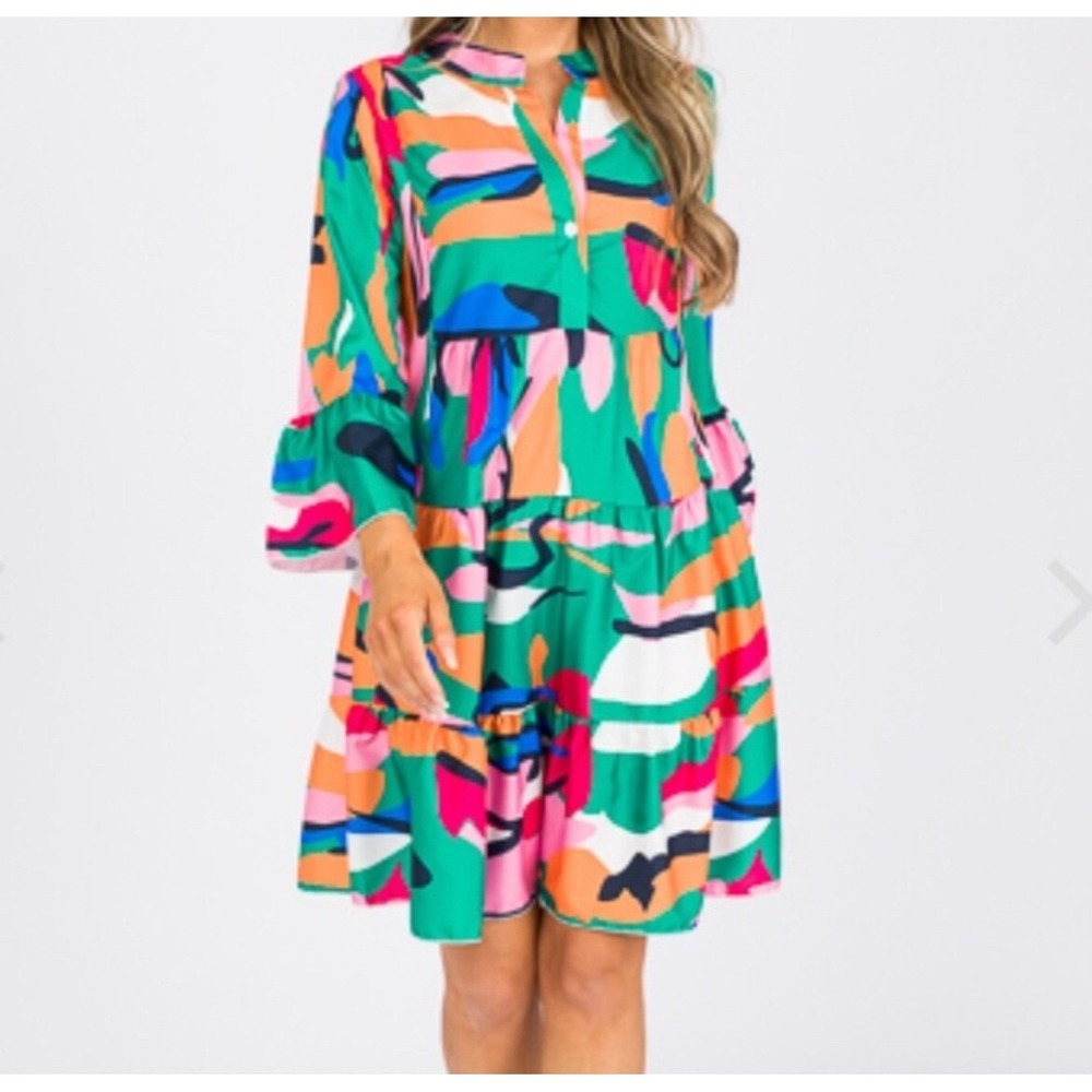 Sunday Up Tiered Mini Dress Women Medium Green Like New Abstract Ruffle Sleeve